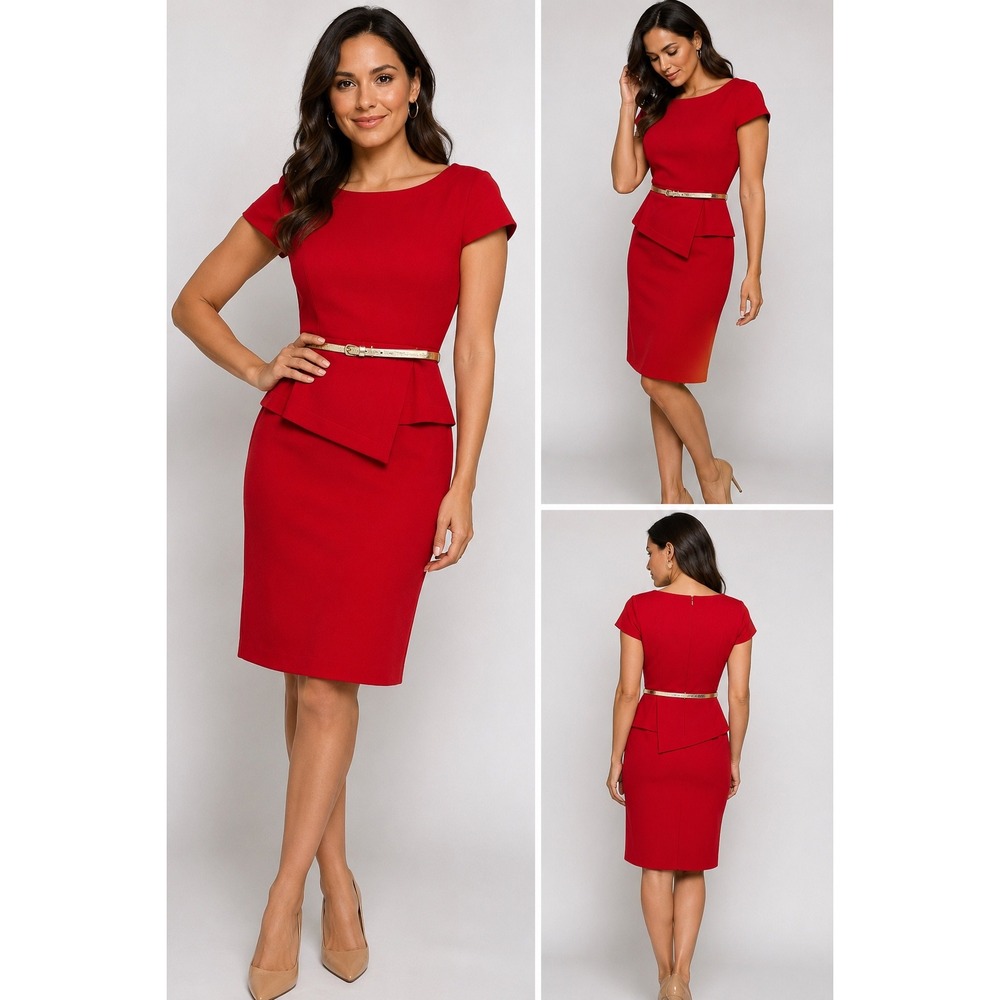 Jessica Howard Red Peplum Sheath Dress Belted Work Cocktail Evening Holiday Sz 8